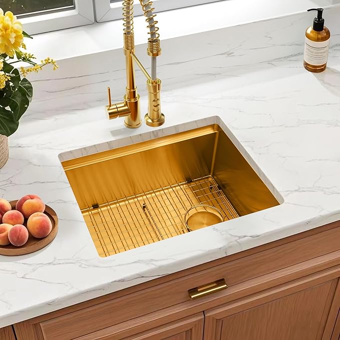 Kitsitchen Gold Undermount Kitchen Sink 23 Inch,16 Gauge Stainless Steel Single Bowl Undermount Sink,Workstation Kitchen Sinks with Accessories,Round Corner & Offset Drain Design (23" X 18"X 10")
