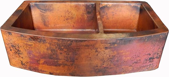 Rounded Apron Front Farmhouse Kitchen Double Bowl Mexican Copper Sink 60/40 33X22 Inches
