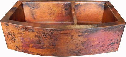 Rounded Apron Front Farmhouse Kitchen Double Bowl Mexican Copper Sink 60/40 33X22 Inches
