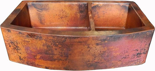 Rounded Apron Front Farmhouse Kitchen Double Bowl Mexican Copper Sink 60/40 33X22 Inches