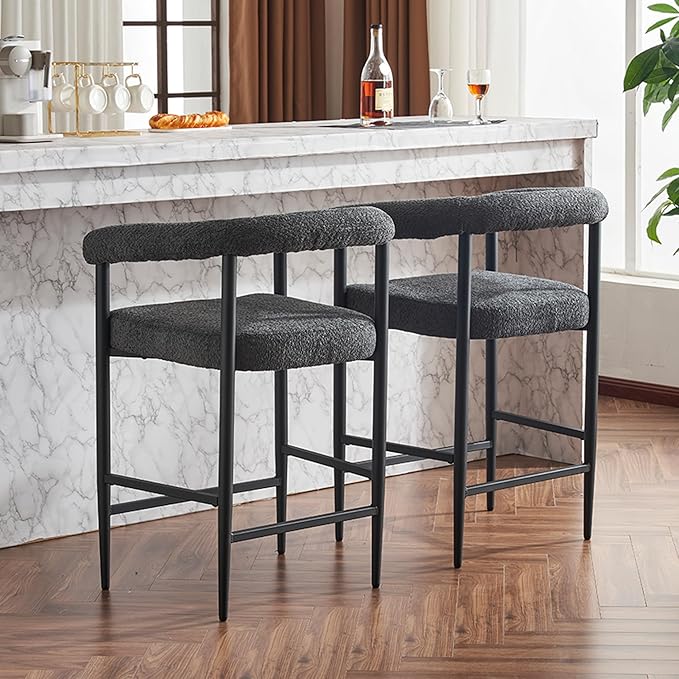 Modern Upholstered Bar Stools Set of 2, Boucle Fabric Counter Height Chairs with Metal e Armrests, Kitchen Island Bar Chairs for Home, Dining Room, Cafe,Dark Grey
