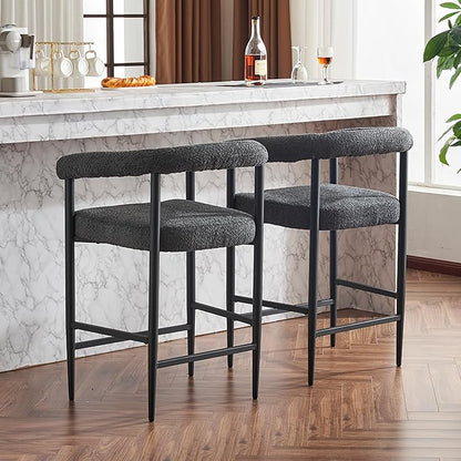 Modern Upholstered Bar Stools Set of 2, Boucle Fabric Counter Height Chairs with Metal e Armrests, Kitchen Island Bar Chairs for Home, Dining Room, Cafe,Dark Grey