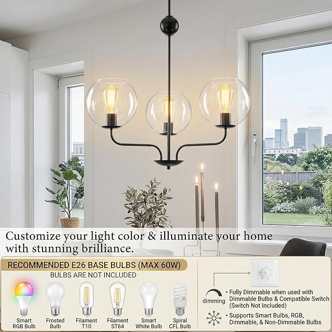 Classic 3-Light Black Chandelier with Upward U-Shaped Arms, Modern Vintage Pendant Lighting with Clear Glass Globes, Ceiling Light Fixture for Dining Room, Living Room, Hallway