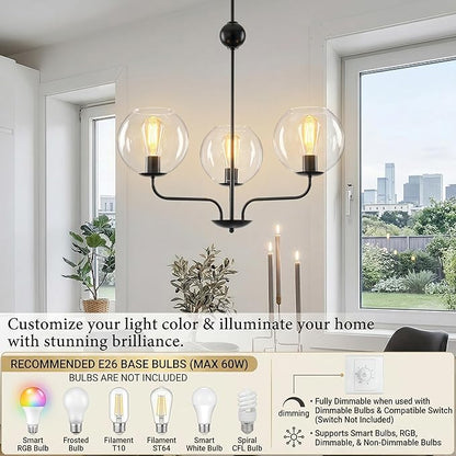 Classic 3-Light Black Chandelier with Upward U-Shaped Arms, Modern Vintage Pendant Lighting with Clear Glass Globes, Ceiling Light Fixture for Dining Room, Living Room, Hallway
