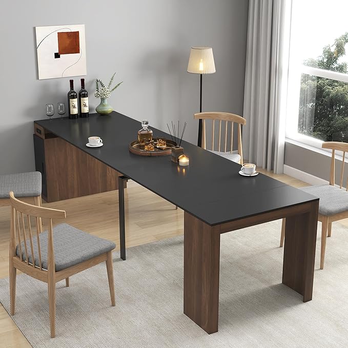 Modern Extendable Dining Table for 4-6 People with Outlet, Multifunctional Foldable Dinner Kitchen Table with Storage, Walnut+Black