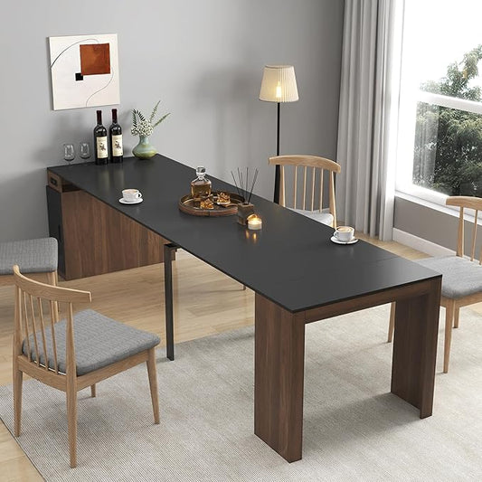 Modern Extendable Dining Table for 4-6 People with Outlet, Multifunctional Foldable Dinner Kitchen Table with Storage, Walnut+Black