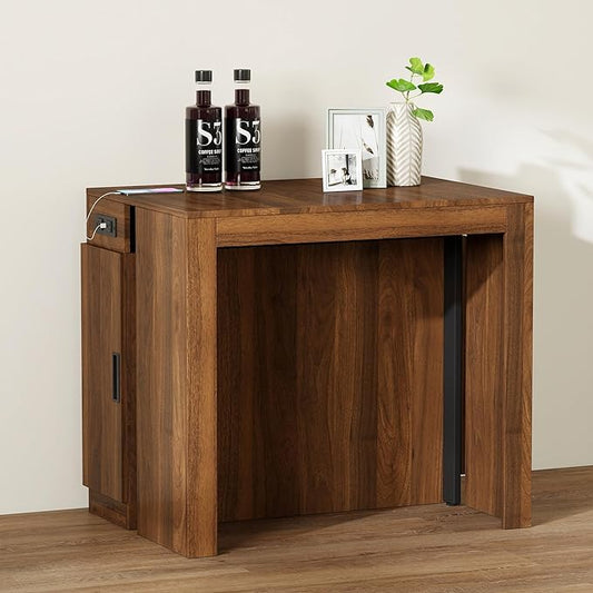 Extendable Dining Table with Storage, Transformer Console Table for 1-12 People, Space Saving Dining Room Table with Built-in Outlet for Homes, Apartments, Walnut