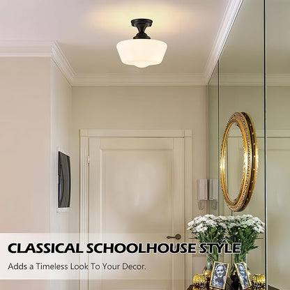 Schoolhouse Light Fixture, 12'' Mid Century, Milk Glass, Semi Flush Mount Ceiling Light for Bedroom Kitchen, Black, Incl. LED Bulb