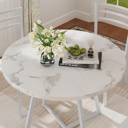 VECELO Round Dining Room Table with Wood Grain Tabletop and Steel Frame, for Kitchen, Living Room, Office, Conference, 2 to 4 Person, White Faux Marble