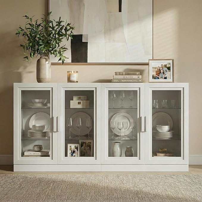 Casaphoria Adam Sideboard Buffet Cabinet with Storage, Display Cabinet with Glass Doors & Adjustable Shelves, 62" W x 36" H Buffet Cabinet for Entryway Kitchen Living Room, White