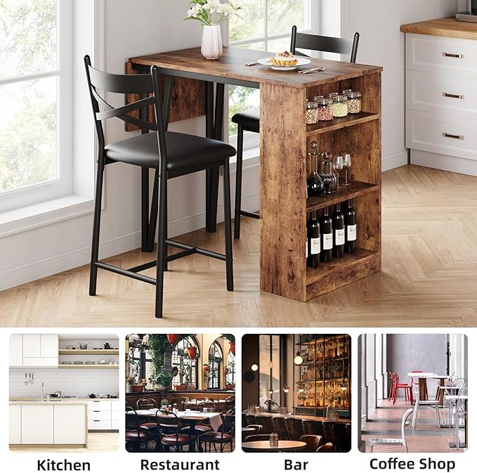3-Piece Bar Table and Chairs Set, Extendable Kitchen Island with Storage Shelves, Counter Height Dining Table for Small Spaces, 2 Cushioned Bar Stools Included, Vintage Finish