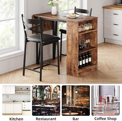 3-Piece Bar Table and Chairs Set, Extendable Kitchen Island with Storage Shelves, Counter Height Dining Table for Small Spaces, 2 Cushioned Bar Stools Included, Vintage Finish