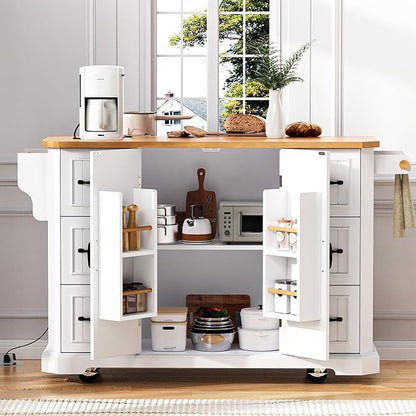 Ball & Cast 56" Large Modern Kitchen Island with Rubber Wood Veneer Drop Leaf, Power Outlet, 6 Drawers, 4 Door Shelves, White