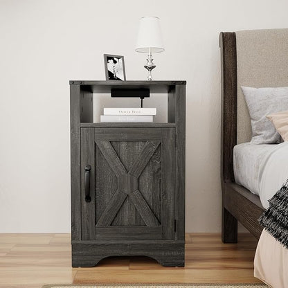 RoyalCraft 25" Tall Farmhouse Nightstand with Charging Station, Grey End Table with Storage, Large Wooden Rustic Bedside Table for Bedroom, Dark Grey