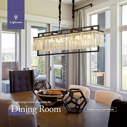 43.7" Modern Black Crystal Chandeliers for Dining Room, Luxury Rectangle 6-Light Kitchen Island Lighting, Linear Hanging Ceiling Pendant Light Fixture for Pool Table Entryway Foyer Hallway