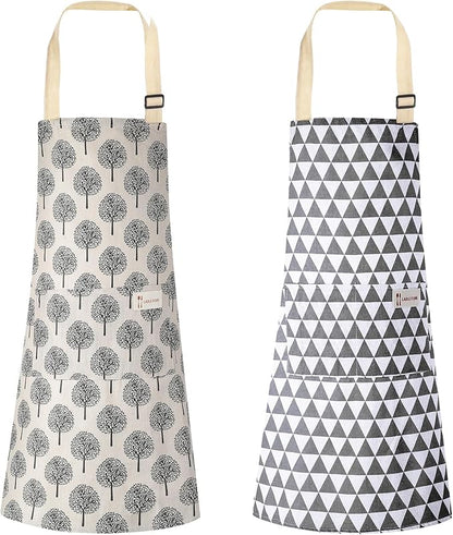 Syhood 2 Pack Aprons with 2 Pocket for Women Men Soft Linen Adjustable Bib Kitchen Cooking Apron for Chefs, Waiters, Baking(Gray Triangle Style)