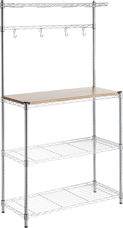 Amazon Basics 3 Tier Kitchen Bakers Rack with Storage, Removeable Top, Wood/Chrome, 14" D x 35.83" W x 63.31" H