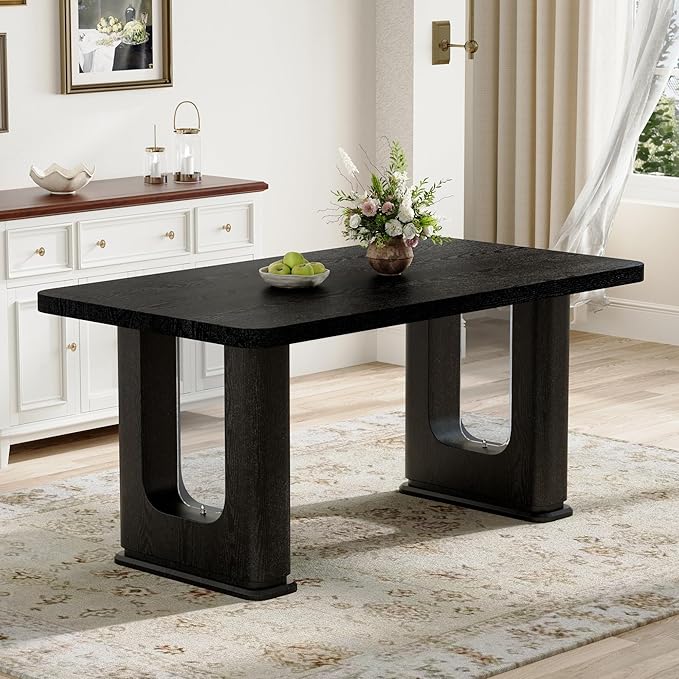 64.5 x 35.4 Inch Modern Black Wood Textured Dining Table with Glass Accent, MDF Top, Anti-Slip Feet for Kitchen, Studio, Family Gatherings
