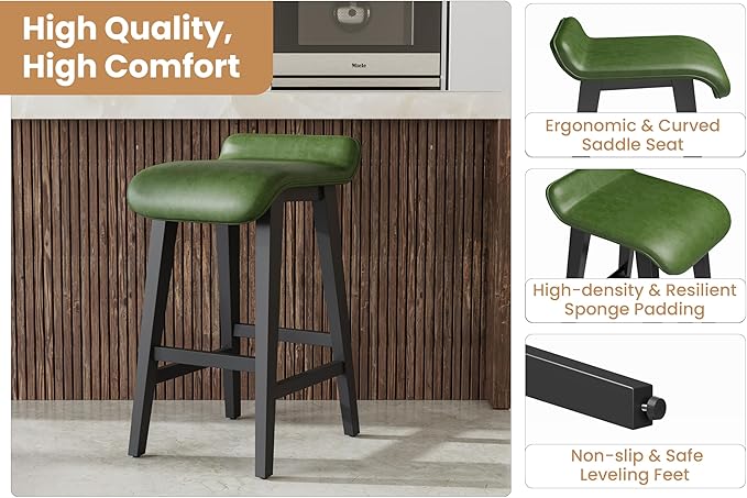 IDEALHOUSE 26.2" Solid Wood Bar Stools Set of 2, Counter Height Bar Stools with Wide PU Leather Upholstered Seat, Barstools Set for Kitchen Islands, Counter Bars, Green
