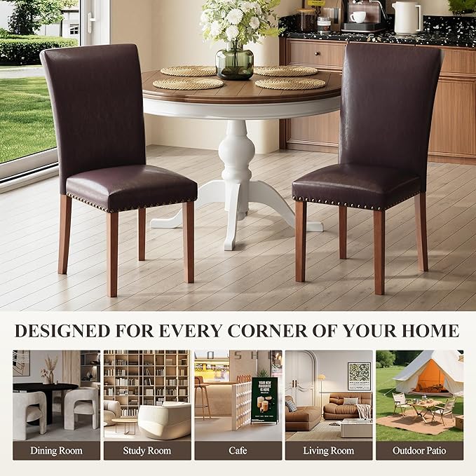 COLAMY Upholstered Parsons Dining Chairs Set of 4, PU Leather Dining Room Kitchen Side Chair with Nailhead Trim and Wood Legs - Dark Brown