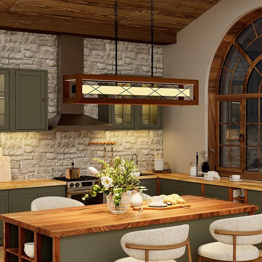 39.4" Farmhouse Dining Room Light Fixture Over Table, Rustic Wood Linear Chandeliers for Dining Room, 34W LED Dimmable Kitchen Island Lighting, Hanging Rectangular Pendant Light with Remote