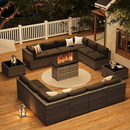 LazySunsets 15-Piece Patio Furniture Set with 44" Fire Pit Table, Wicker Outdoor Furniture, Patio Conversation Sets with Coffee Table, Outdoor Sectional Couch with Waterproof Cover, Black