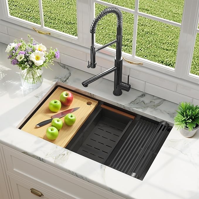 MILOSEN 33 Inch Black Undermount Kitchen Sink, 33" x 19" Black Stainless Steel Sinks, Single Bowl Workstation Sink with Custom Accessories, Handmade Under Counter Design, 9'' Depth Large Kitchen Sinks