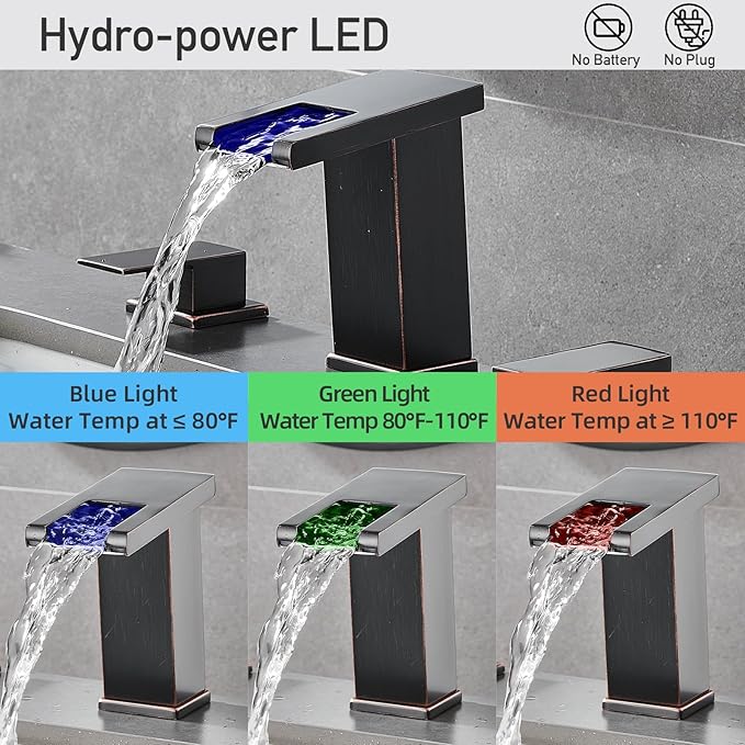 AVSIILE LED Bathroom Faucet 3 Hole, Oil Rubbed Bronze Waterfall Bathroom Faucets, 8 Inch Widespread Modern Bathroom Sink Faucet & Parts, Wide Spread Touch On Three Hole 2 Handle Bathroom Vanity Faucet