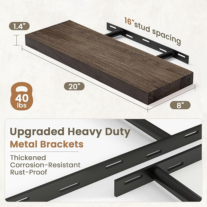 Fun Memories Solid Elm Wood Floating Shelves Set of 2-20 Inch Rustic Wall Shelves with Heavy-Duty Invisible Brackets - for Living Room, Kitchen, Bedroom, Bathroom - Walnut Finish