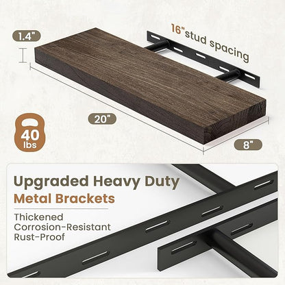 Fun Memories Solid Elm Wood Floating Shelves Set of 2-20 Inch Rustic Wall Shelves with Heavy-Duty Invisible Brackets - for Living Room, Kitchen, Bedroom, Bathroom - Walnut Finish