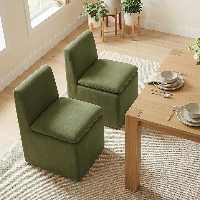 KISLOT Upholstered Dining Chairs Set of 2 with Casters, Modern Armless Kitchen Chairs with Removable Washable Cover, Chenille Velvet Fabric, Sturdy Metal & Wood Frame, 19.5" Seat Height, Green