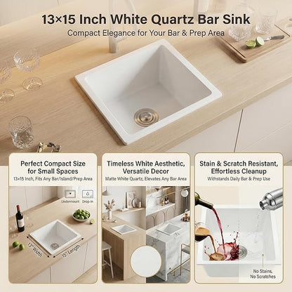 MILOSEN White Bar Sink 13×15 Inch, Undermount Wet Bar Prep Sink for RV Kitchen, Single Bowl Granite Composite Design with Custom Accessories, 9'' Deep White Quartz Small Bar Sinks
