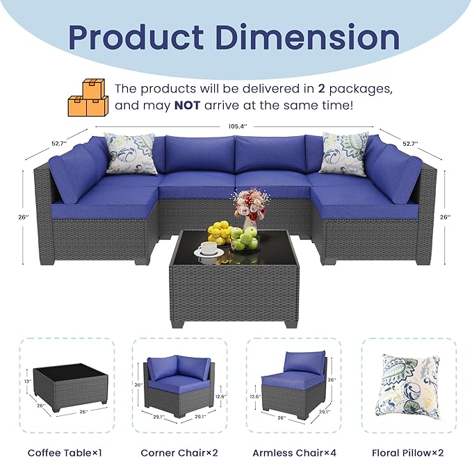 8 Piece Outdoor Patio Furniture Set, Outdoor Sectional Furniture, Rattan & Wicker Modern Modular Conversation Set Sofa Couch W/Water Resistant Washable Thick Cushions and Coffee Table, Coffee/Blue