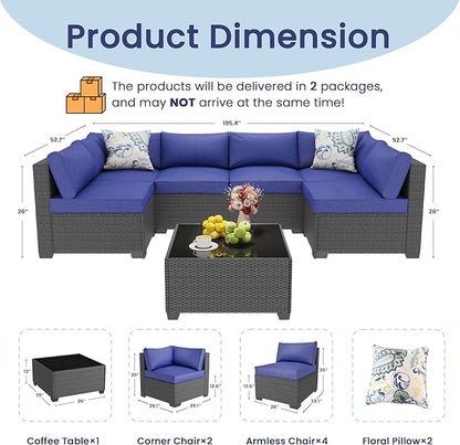 8 Piece Outdoor Patio Furniture Set, Outdoor Sectional Furniture, Rattan & Wicker Modern Modular Conversation Set Sofa Couch W/Water Resistant Washable Thick Cushions and Coffee Table, Coffee/Blue