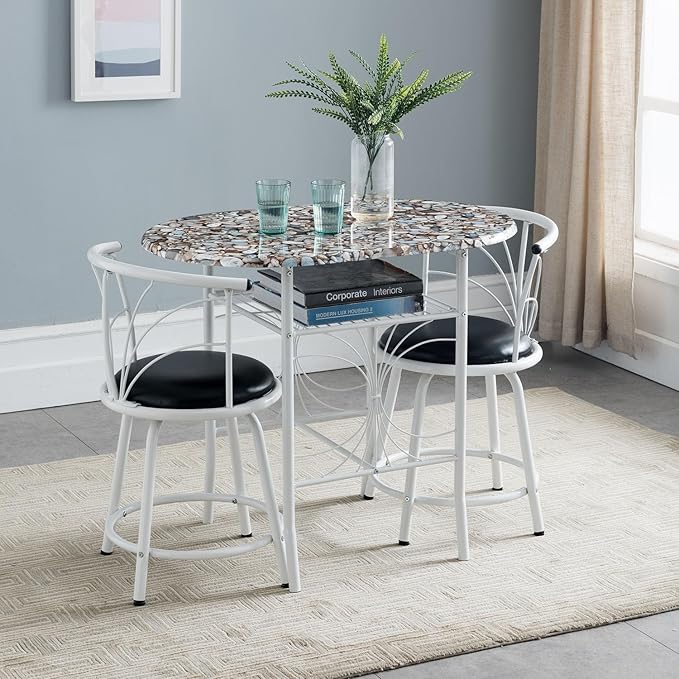 Kings Brand Furniture Somis 3 Piece Dining Table Set with Cobblestone Top - Breakfast Table with 2 Chairs - 2 Seat Dining Table Set for Small Spaces - Round Table Set with Faux Marble Top - White