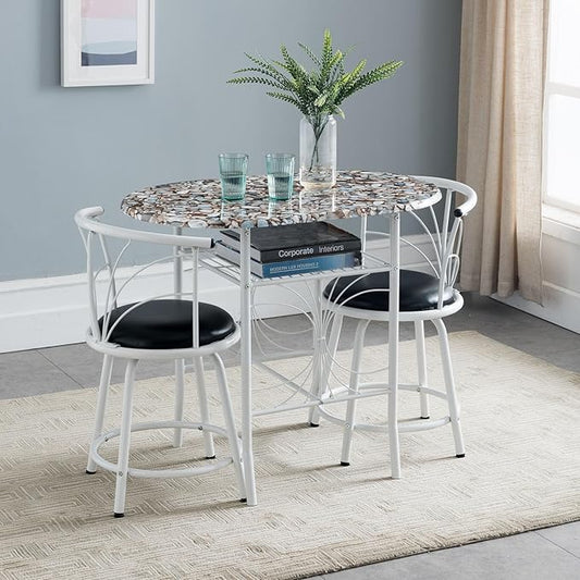 Kings Brand Furniture Somis 3 Piece Dining Table Set with Cobblestone Top - Breakfast Table with 2 Chairs - 2 Seat Dining Table Set for Small Spaces - Round Table Set with Faux Marble Top - White