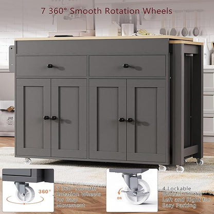 Modern Dining Table 74.5 Inch Kitchen Island with Extendable Table, Rolling Cart with 4 Door Cabinet, 2 Drawers, Spice Rack, Wood Counter for Living Room,Grey-MDF