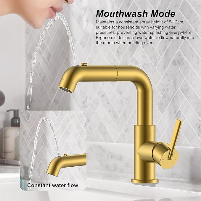 KENES Pull Down Bathroom Faucet with Sprayer, Brushed Gold Single Handle Bathroom Sink Faucet with Pull Out Sprayer, Vanity Bar Faucet with Pop Up Drain & Deck Plate, LJ-9055A-4