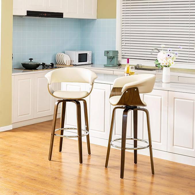 Glitzhome Bar Table and Chairs, Cream PU Leather Adjustable Swivel Bar Stools Set of 2, Square Black Cocktail Pub Table for Kitchen Island Bistro Office Living Room Dining Room Small Space