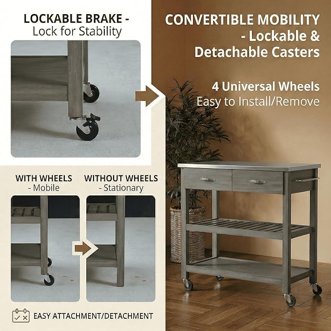 Casaphoria Amanda Collection Solid Wood Kitchen Island, 42" Butcher Block Cart with Stainless Steel Top & Locable Wheels, Prep Table for Small Spaces (Weathered Gray)