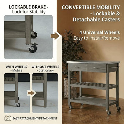 Casaphoria Amanda Collection Solid Wood Kitchen Island, 42" Butcher Block Cart with Stainless Steel Top & Locable Wheels, Prep Table for Small Spaces (Weathered Gray)
