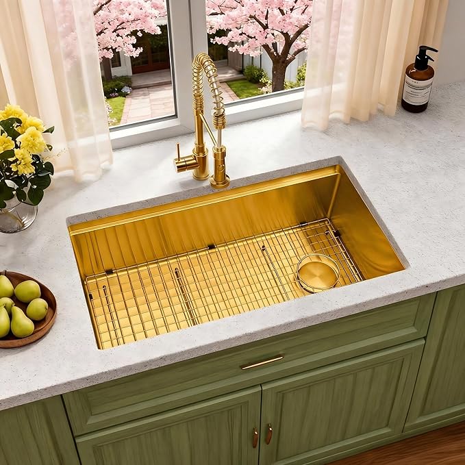 Kitsitchen Gold Undermount Kitchen Sink 33 Inch, 16 Gauge Stainless Steel Undermount Kitchen Sink,Single Bowl Ledge Workstation Handmade Sinks with Custom Accessories & Offset Drain (33" X 18"X 10")