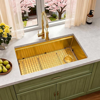 Kitsitchen Gold Undermount Kitchen Sink 33 Inch, 16 Gauge Stainless Steel Undermount Kitchen Sink,Single Bowl Ledge Workstation Handmade Sinks with Custom Accessories & Offset Drain (33" X 18"X 10")