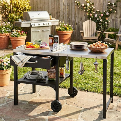 JIJIWANG 54.7" Outdoor Kitchen Island with Stainless Steel Top and Foldable Table, Kitchen Island with Drawer and Shelf, BBQ Cart with Wheels for Backyard Patio Black