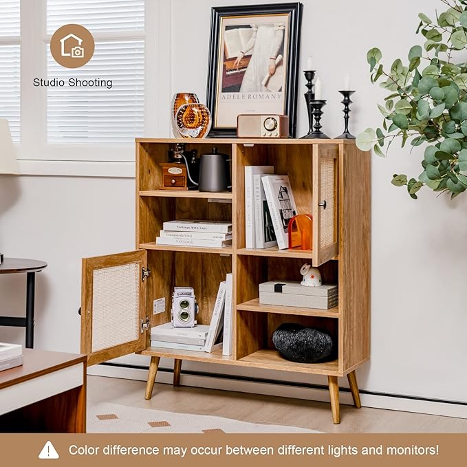 Giantex Buffet Cabinet, Wood Sideboard Storage with 2 Rattan Doors & 2 Cubes, Farmhouse Coffee Bar Accent, Freestanding Cupboard Organizer for Living Room Kitchen Hallway