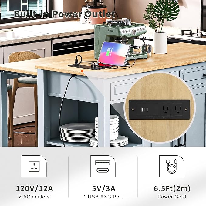 Kitchen Island with Extendable Dining Table,Rubber Wood Veneer Table with Internal Storage Rack, Power Outlet,with Storage 2 Drawers 2 Cabinet(Grey+Blue@027)