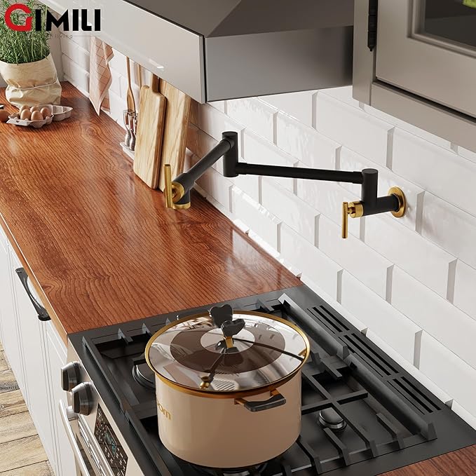 GIMILI Black and Gold Pot Filler Commercial Wall Mount Faucet Folding Double Joint Swing Arm Pot Filler Rotatable Wall Faucet