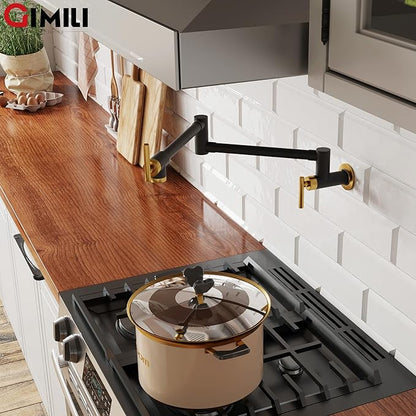 GIMILI Black and Gold Pot Filler Commercial Wall Mount Faucet Folding Double Joint Swing Arm Pot Filler Rotatable Wall Faucet