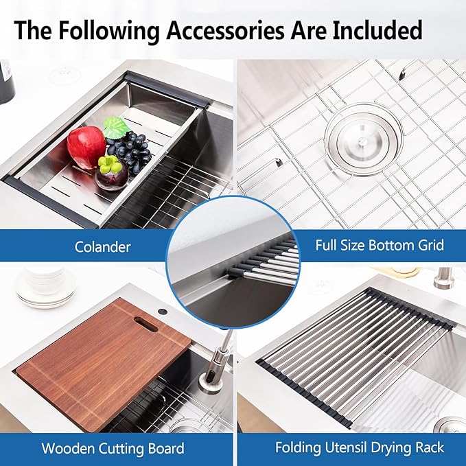 33 Farmhouse Sink, Drop In Stainless Steel Apron Front Farm Sink 33x22x9 Single Bowl 16 Gauge with Accessories