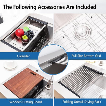 33 Farmhouse Sink, Drop In Stainless Steel Apron Front Farm Sink 33x22x9 Single Bowl 16 Gauge with Accessories